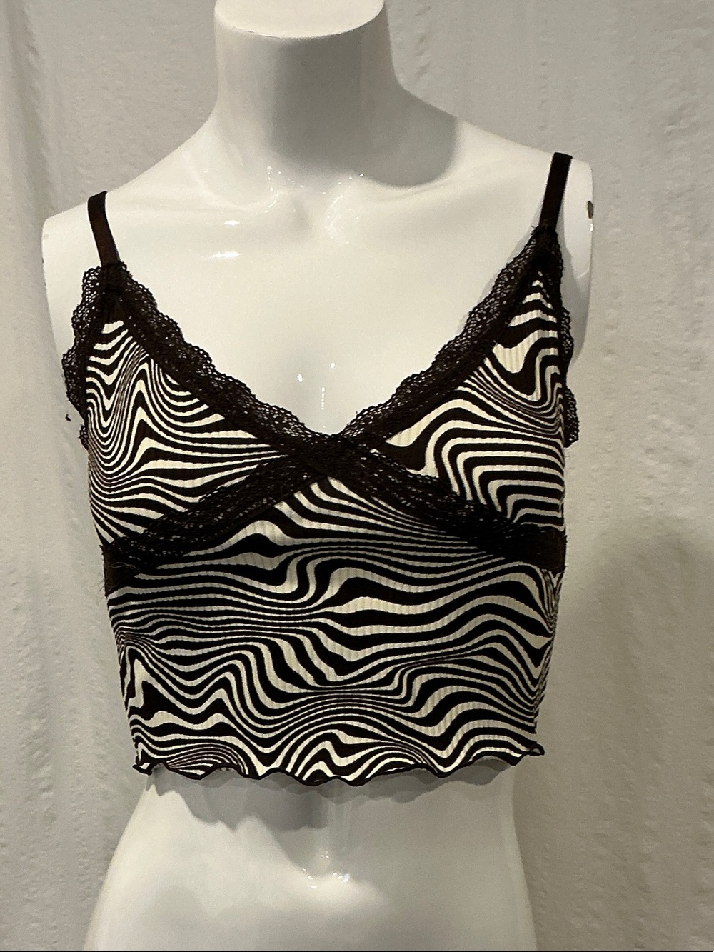 Divided Brown and White Zebra Print Lace Trim Crop Top